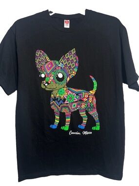 Black T-shirt with El Perro Chihuahua Dog Design Mexican Art Size Large